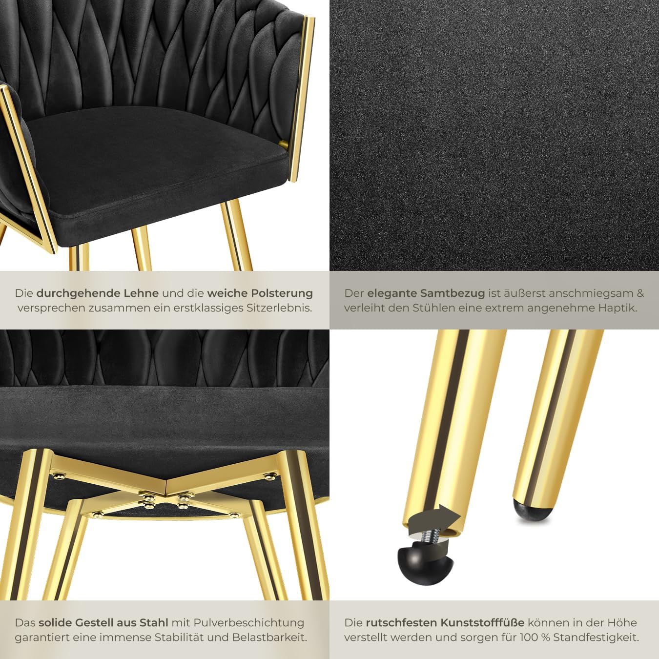 tectake® Samt Stuhl, Schalenstuhl mit Armlehne in Knoten Optik, Esszimmerstühle, Sessel modern für Wohnzimmer, Esszimmer, als Küchenstühle, für Schminktisch, Dining Chair Set - Schwarz/Gold, 4er Set