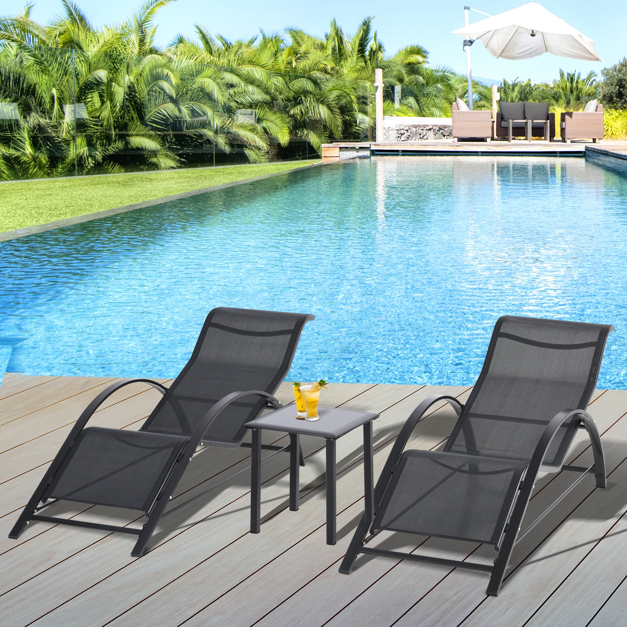Conjunto de 2 espreguiçadeiras Outsunny para jardim, 59x169x66 cm, com mesa de centro 41x41x45 cm, apoios de braço em vidro temperado, para pátio, piscina, terraço, área externa, cor preta.