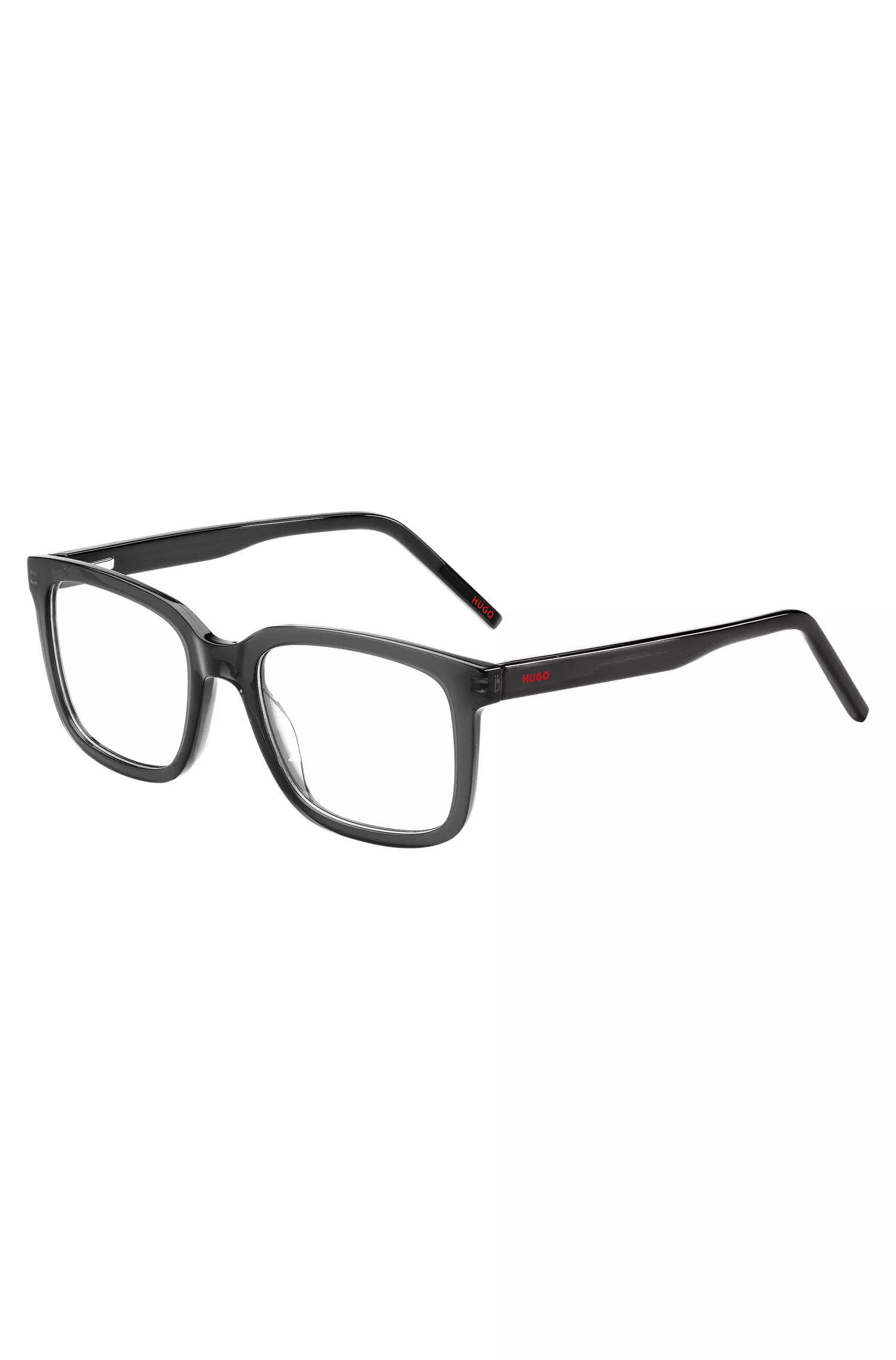 Armação de óculos HUGO em acetato vermelho e preto com logotipos vermelhos.