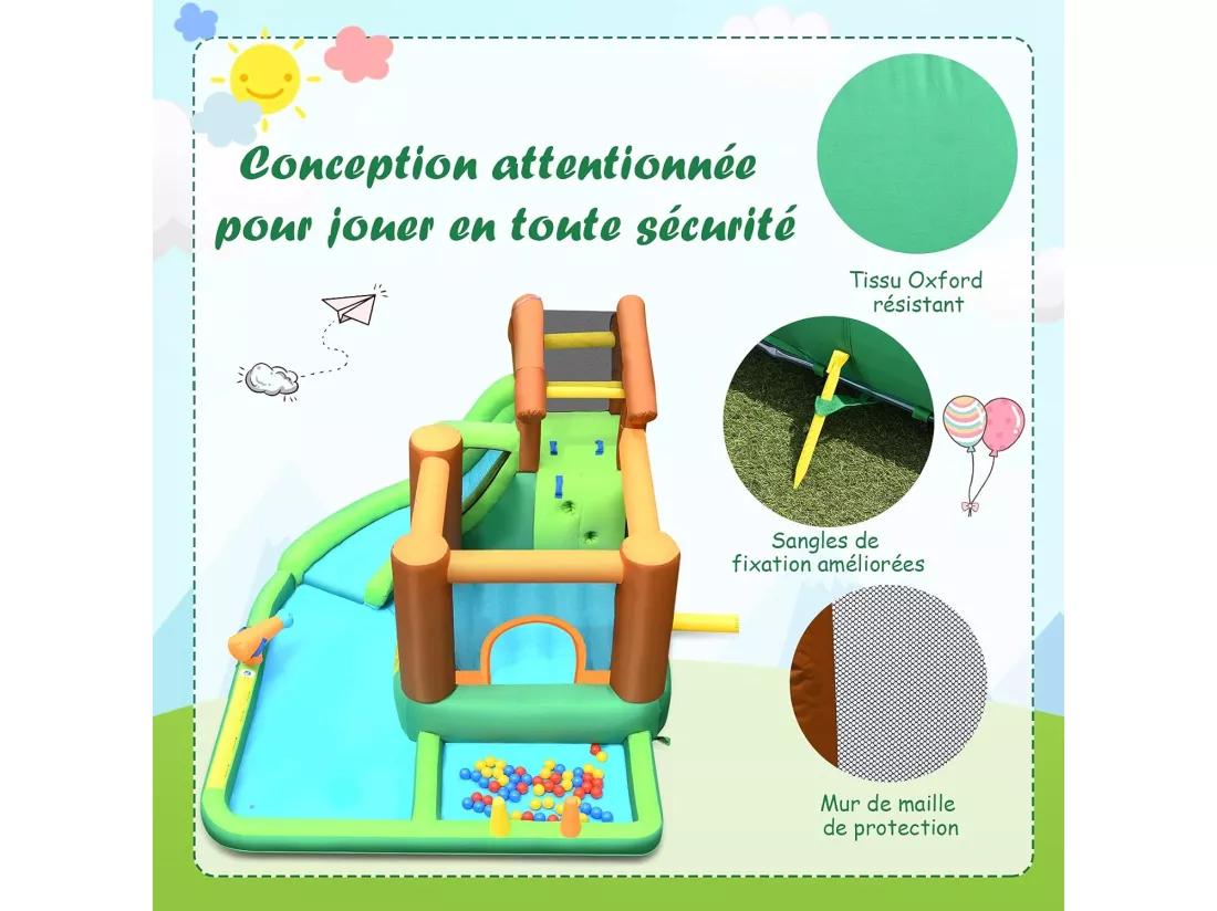 Aire de Jeux Gonflable Enfant avec Souffleur 610W Pataugeoire Mur d'Escalade Canon à Eau Trampoline Intégré Balles Colorées
