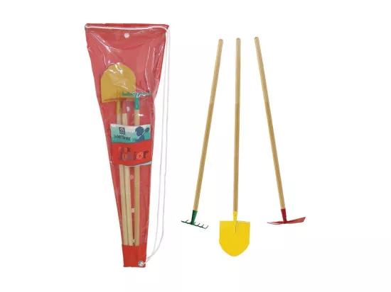 Set 3 outils de jardin enfant + sac de transport Pelle + râteau + pioche