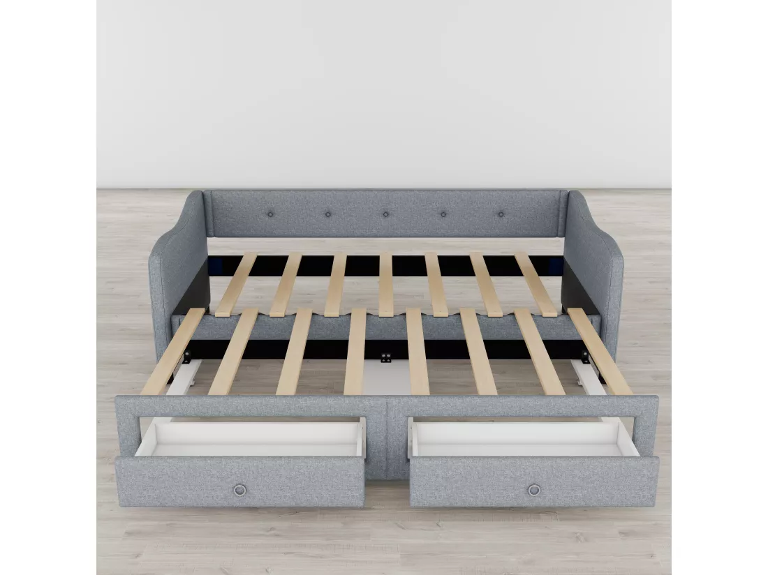 Lit gigogne 90/180x200cm avec 2 tiroirs - tissu en lin - Gris (matelas non inclus)