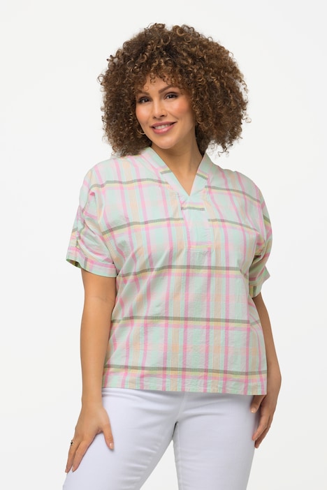 Bluse, Karomuster, Oversized, V-Ausschnitt, Halbarm