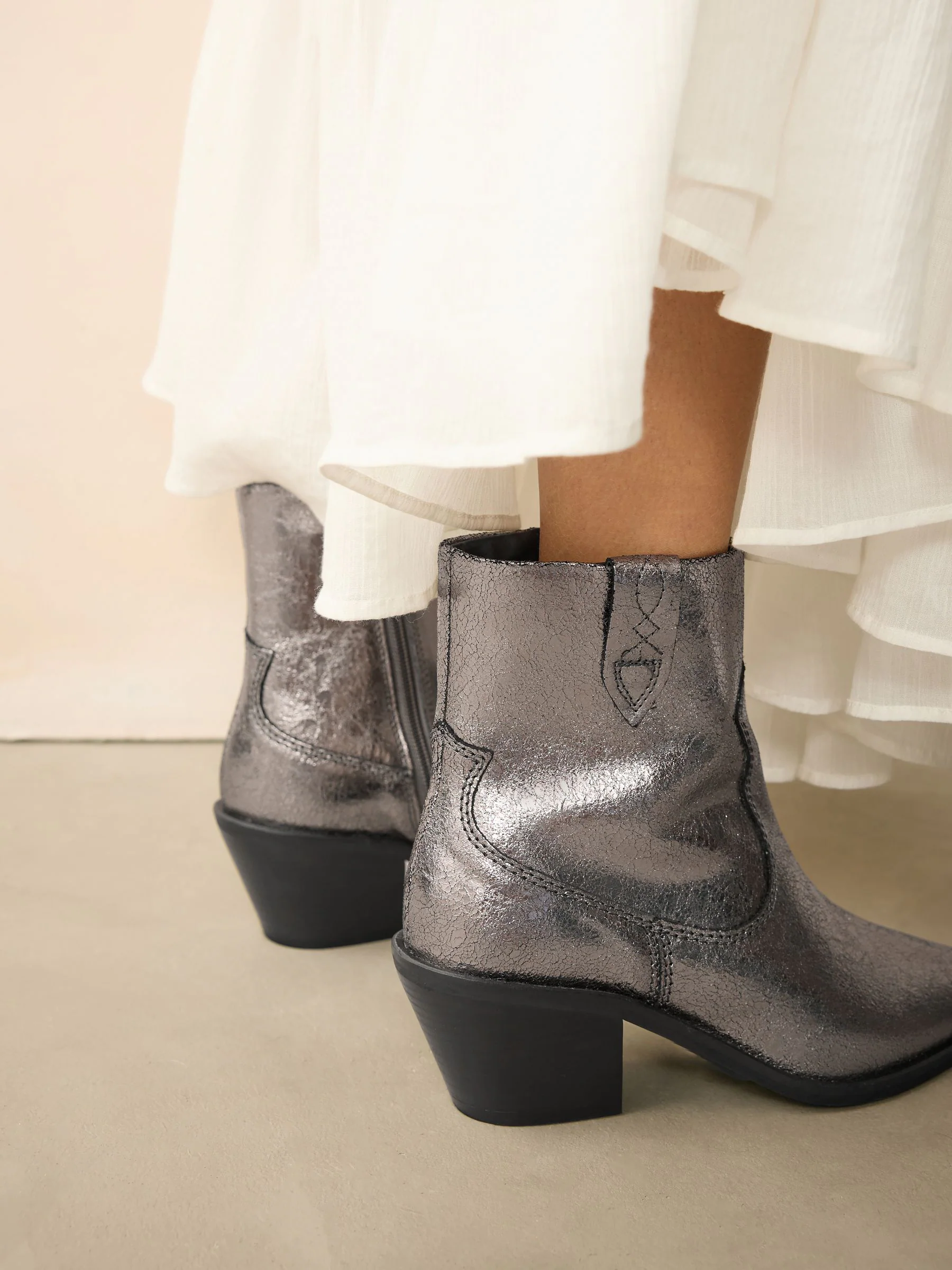 Metallic Silver Leather - Cowboy Block Heel Ankle Boots