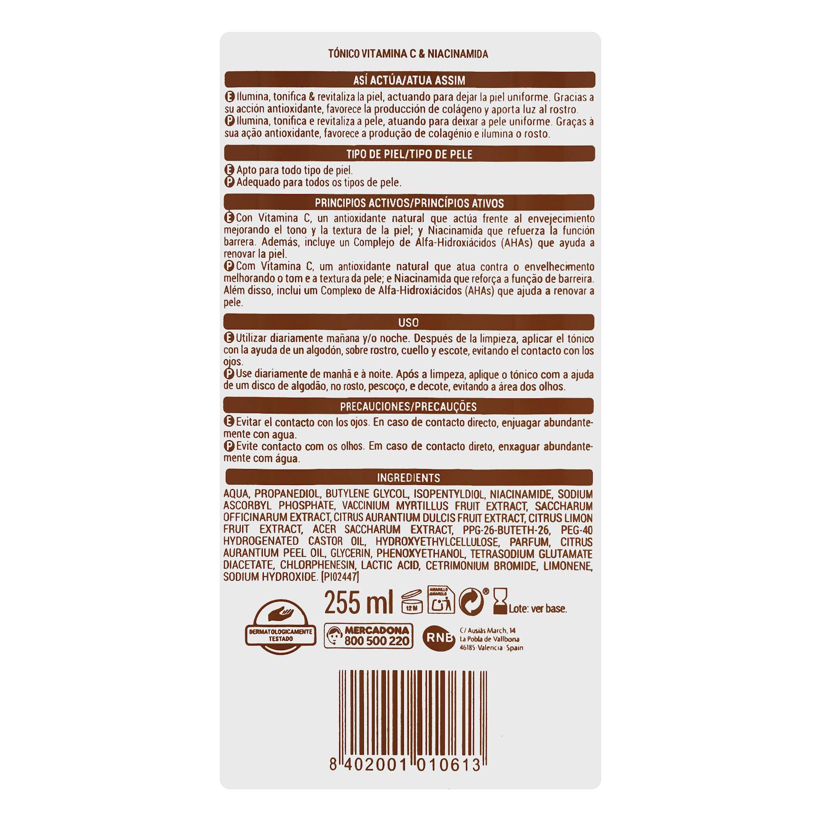 Tonique visage éclaircissant et antioxydant à la vitamine C et à la niacinamide