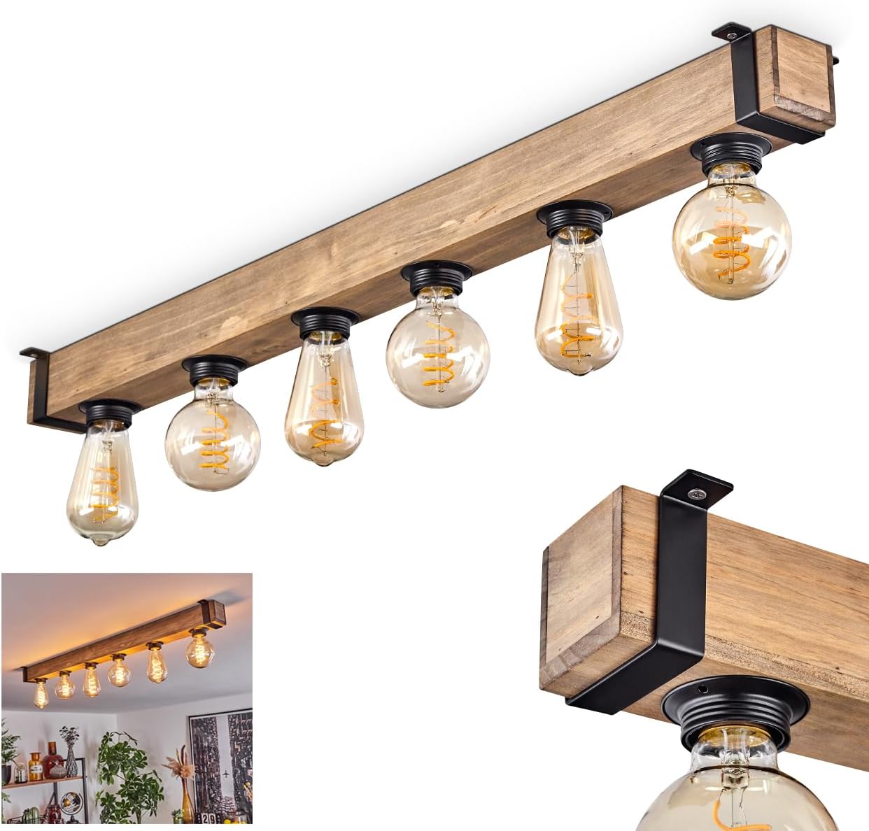 HOFSTEIN Deckenleuchte Montgomery - Moderne Deckenlampe aus Metall und Holz, Schwarz/Natur - 6 x E27-Fassung - Industrial-Style, Retro Vintage - Holzlampe, Flurlampe für Küche und Wohnzimmer
