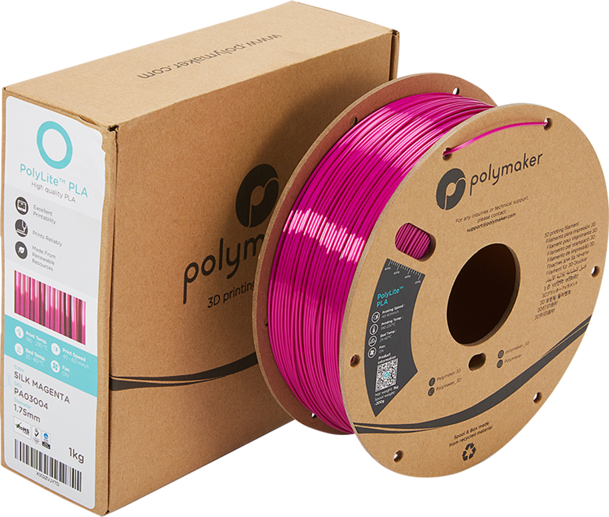 Polymaker  PolyLite Silk PLA Magenta, 1,75 mm / 1000 g    Glänzendes Seidenfilament