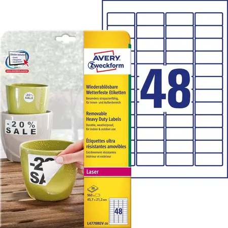 Avery Zweckform L4778REV-20 Wiederablösbare, wetterfeste Etiketten, 45,7 x 21,2 mm, 20 Bogen/960 Etiketten, weiß