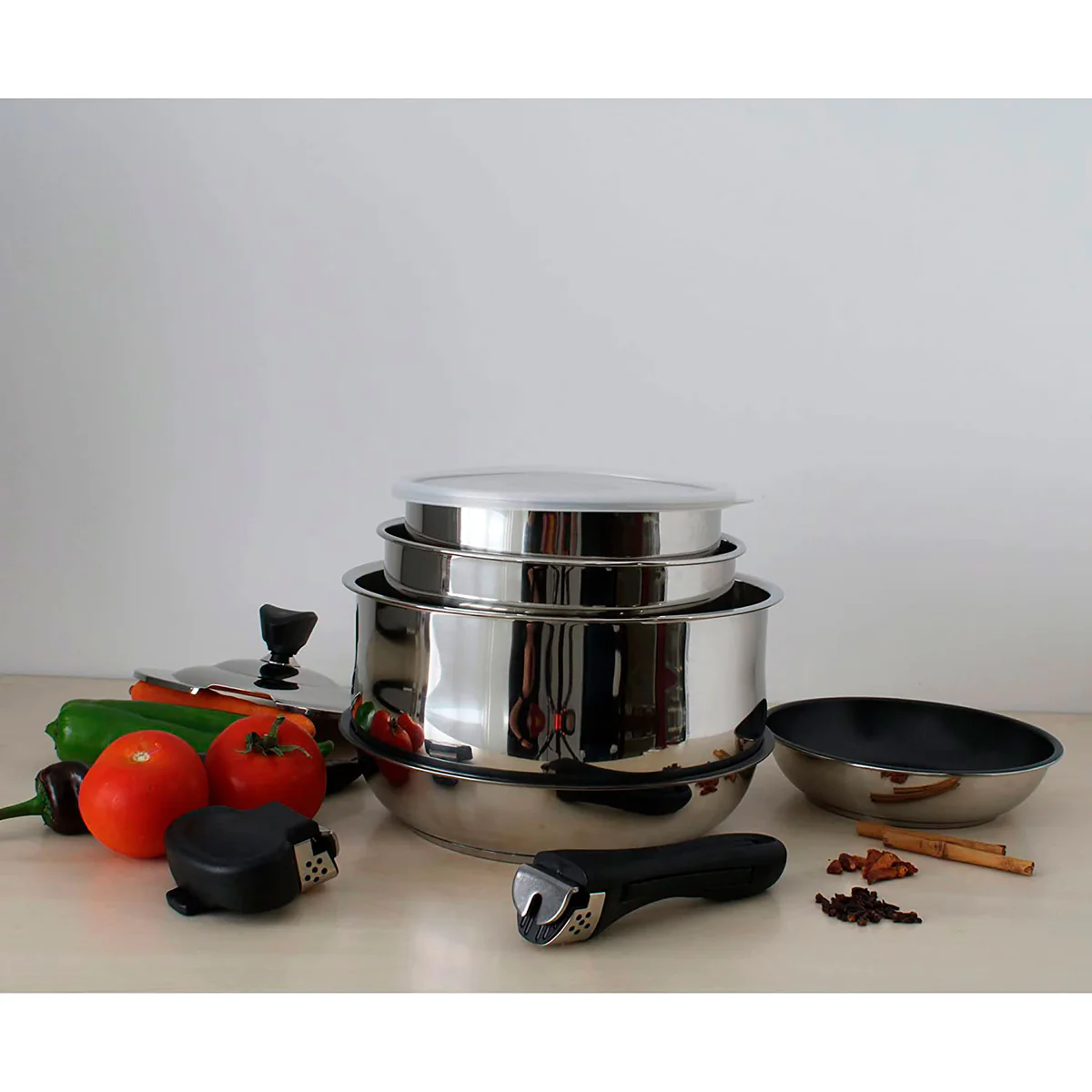 Batterie de Cuisine Induction, Poignée Amovible, 24 Pièces, Acier inox