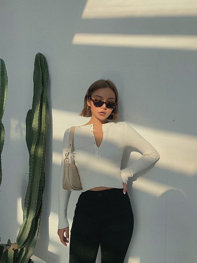 Colada - Henley-hals crop top met gebreide zoom