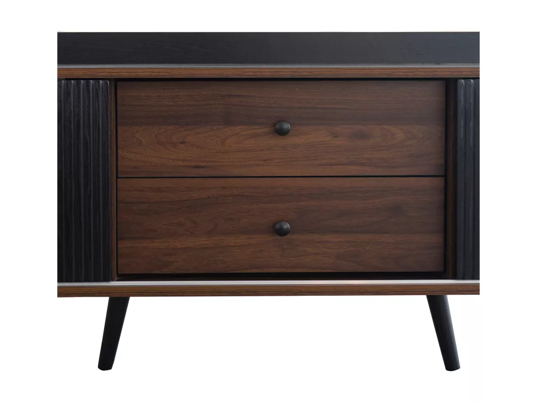 Meuble TV effet bois et noir avec 2 tiroirs au central et 2 portes coulissantes H58/L160/P40cm UNGRUDS