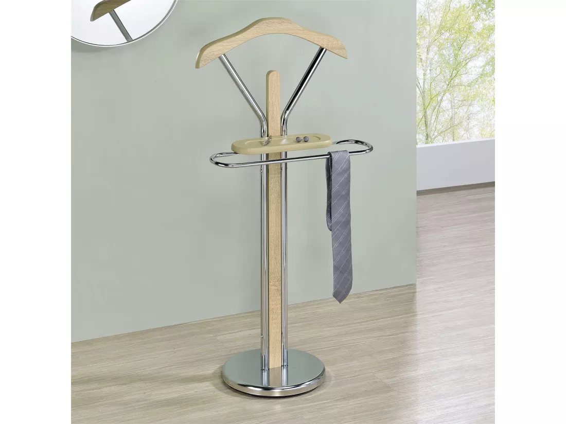 Valet de chambre GREGOR chevalet de nuit portant pour vêtements, structure en métal chromé et finition en MDF décor chêne sonoma
