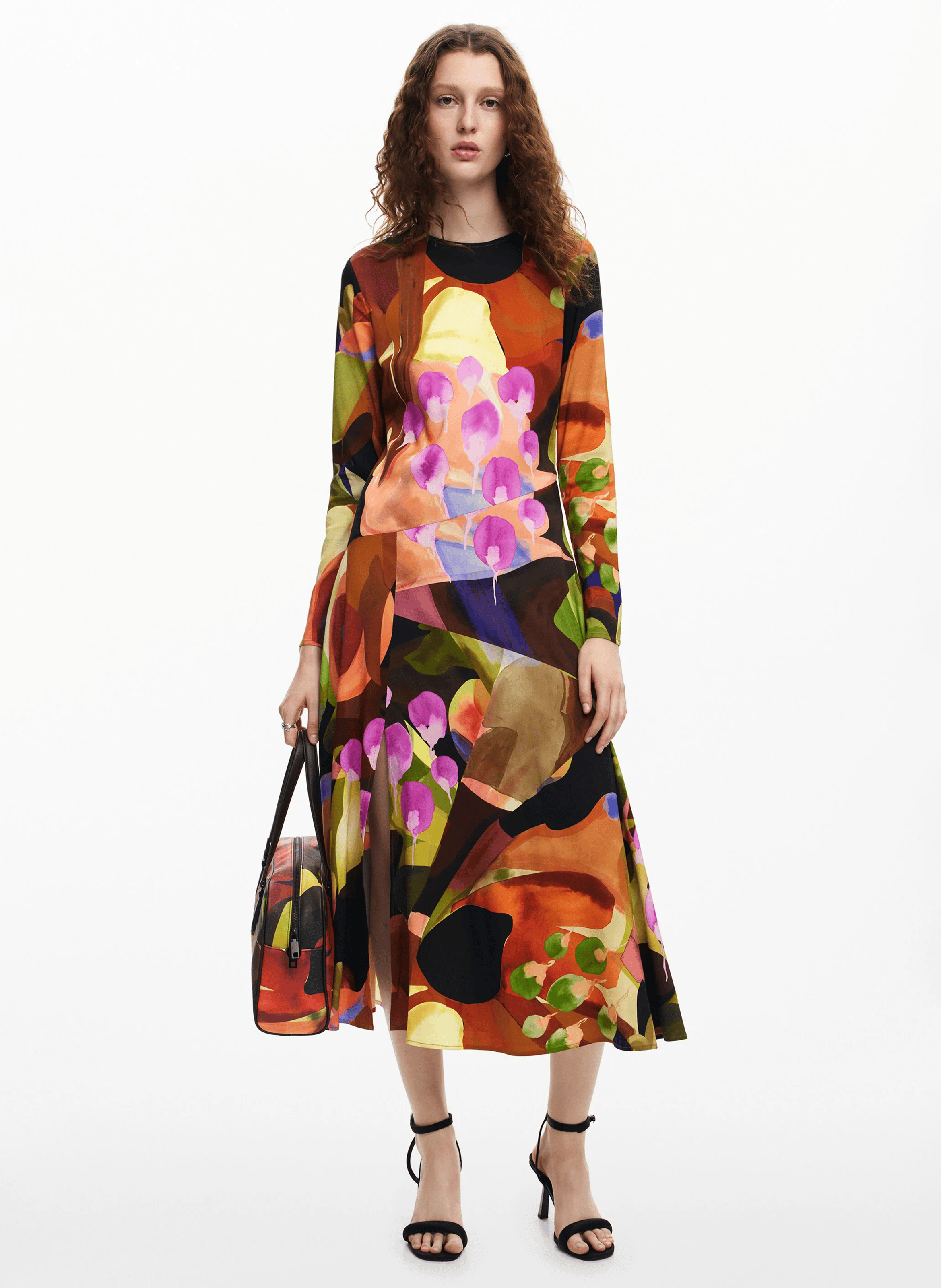 Robe droite midi imprimée | Marron
