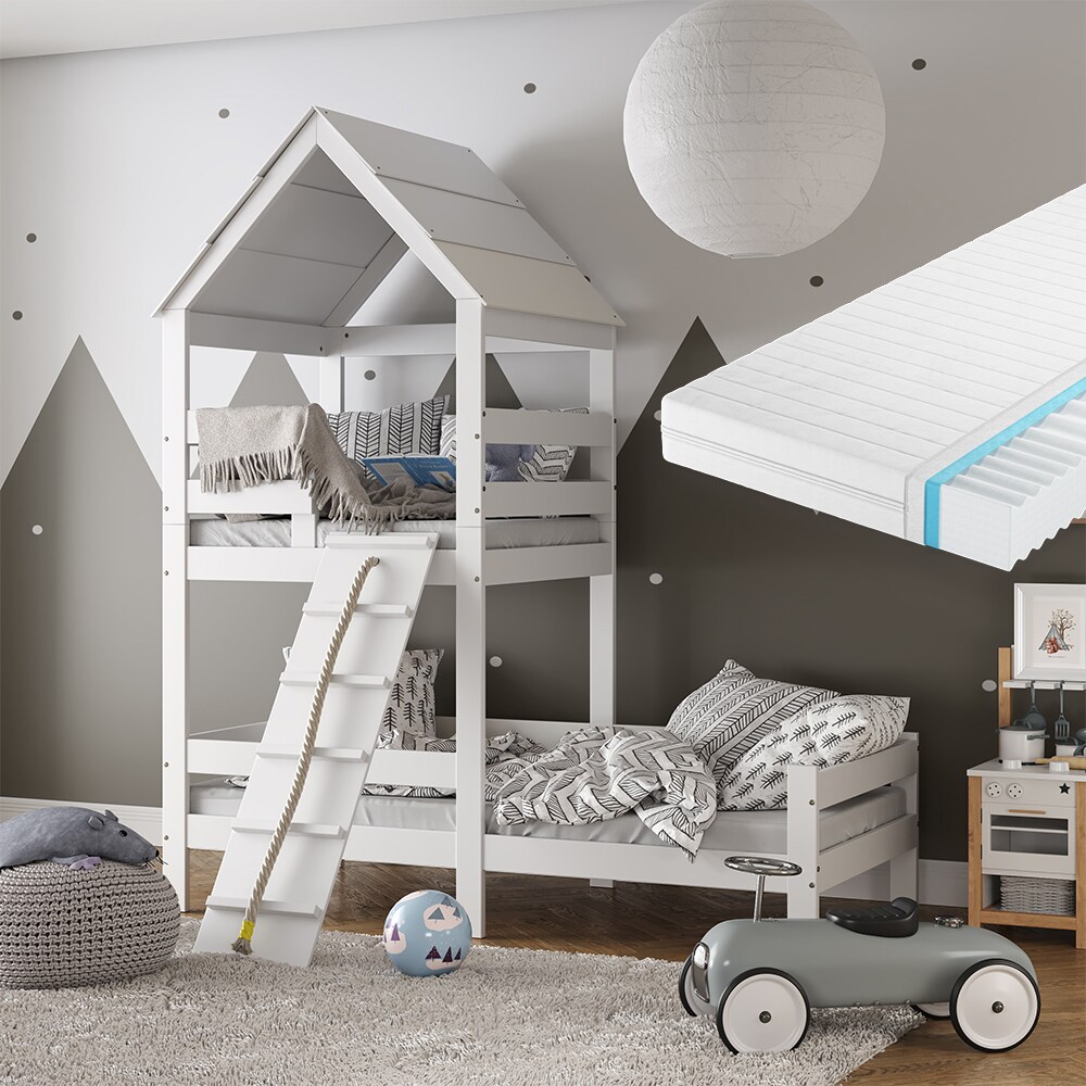 VitaliSpa Kinderbett Teddy 90x200cm mit Matratze Spielbett Jugendbett Spielturm Weiß