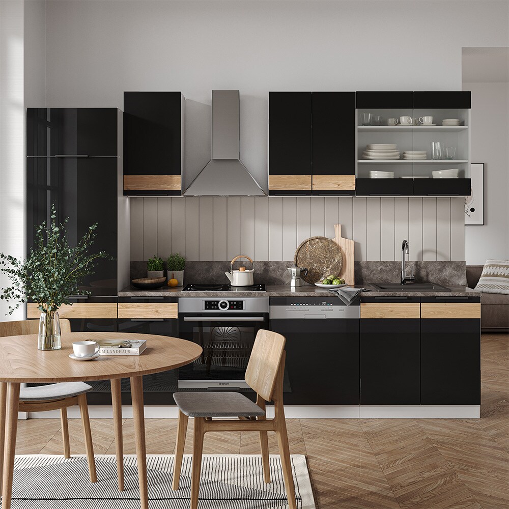 Vicco Küchenzeile Küchenblock Einbauküche Fame-Line Weiß Schwarz Eiche 300 cm modern Hochglanz Küchenschränke Küchenmöbel