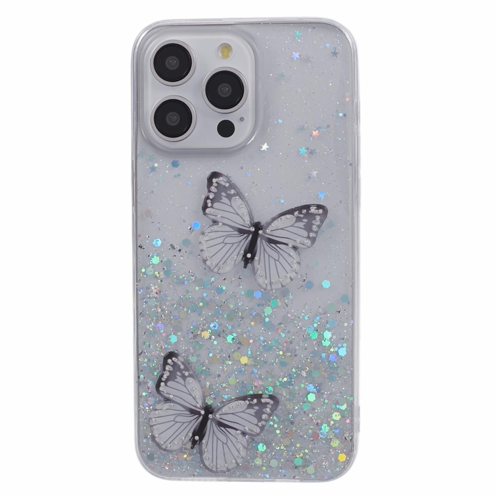 iPhone 16 Pro Max Hybrid Hardcase Schutzhülle im Glitzer Design Schmetterling - Silber / Transparent