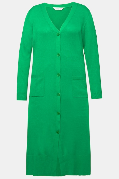 Long-Strickjacke, V-Ausschnitt, 2 Taschen, Langarm