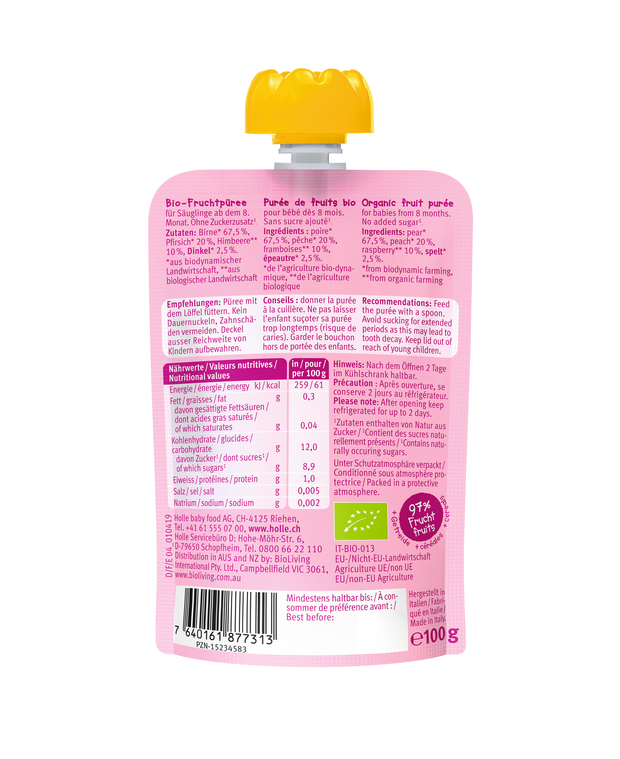 HOLLE Pear Pony - Pouchy Birne Pfirsich & Himbeere mit Dinkel 100 g