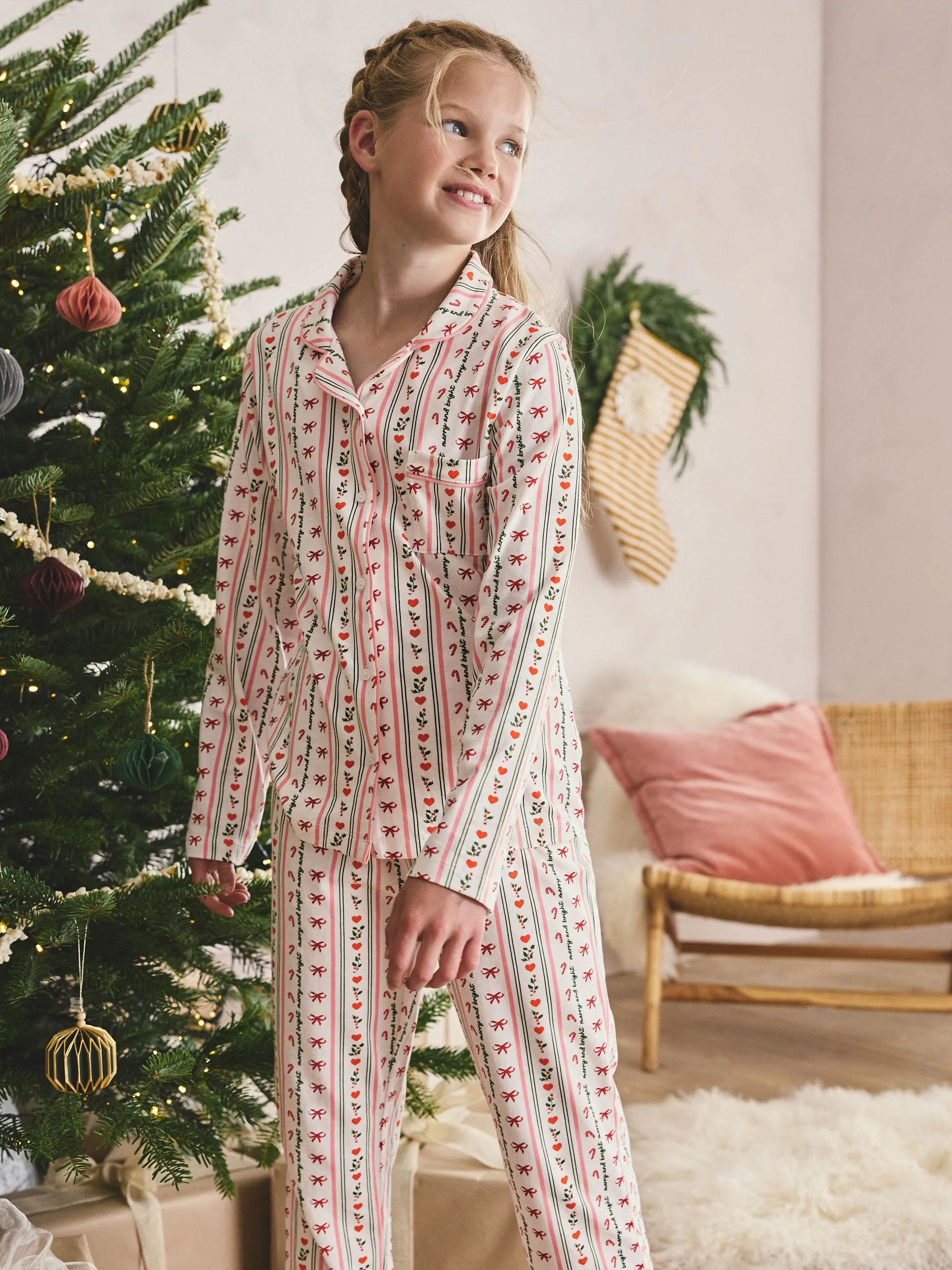 Rood/crème strik/suikerstok - Kerst jersey pyjama met knoopsluiting (3-16jr)