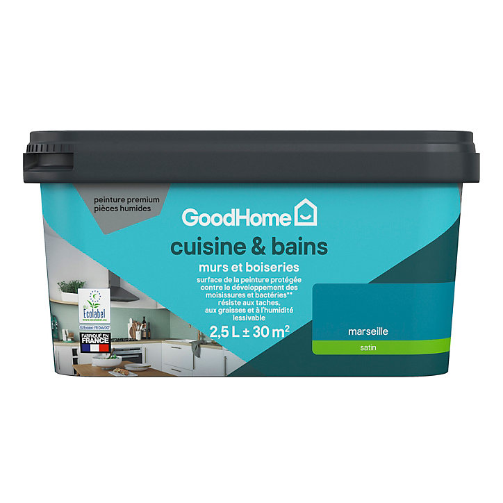 Peinture cuisine et salle de bains GoodHome bleu Marseille satin 2,5L