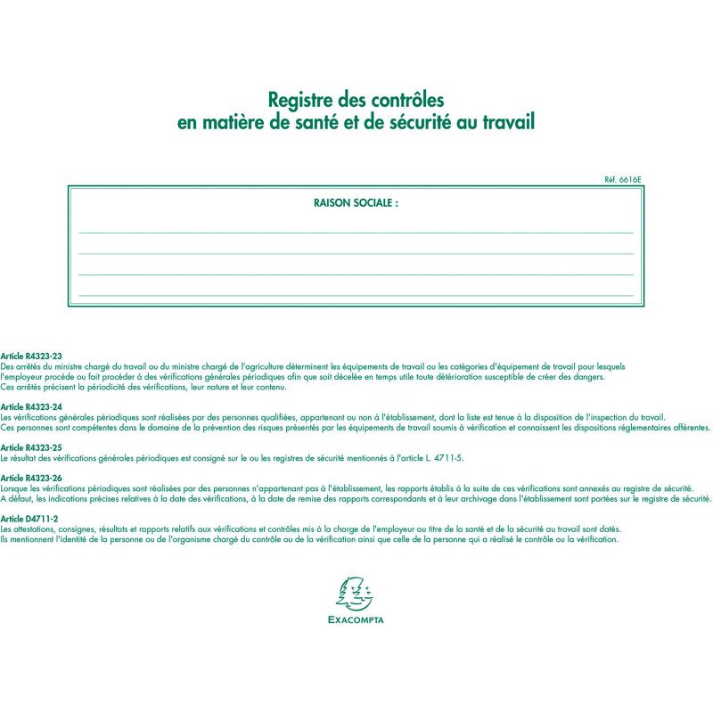 Registre imprimé contrôle de sécurité Exacompta 6616E - 24 x 32 cm 20 pages