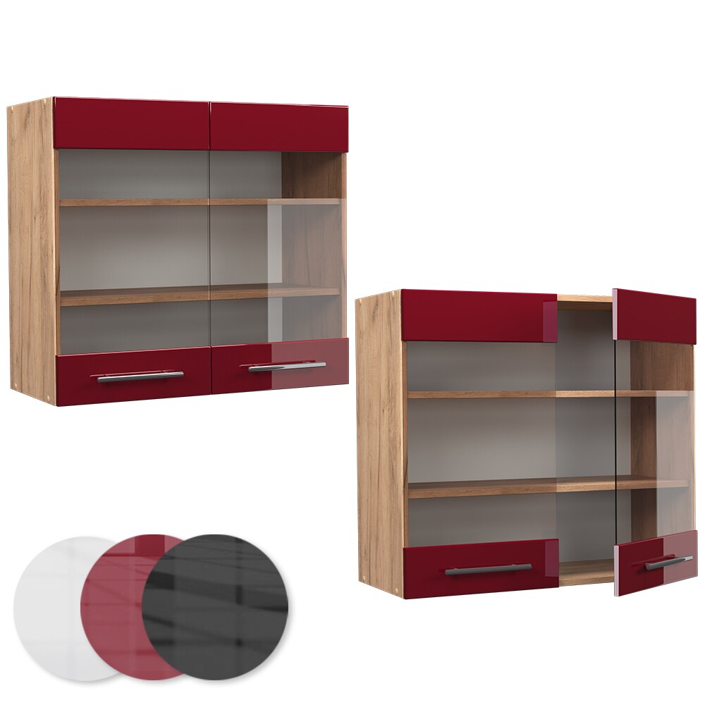 Vicco Hängeglasschrank Küchenschrank Küchenmöbel Fame-Line Eiche Rot Bordeaux modern 80 cm Küche Einbauküche Hängeschrank Glasschrank Drehtür Einlegeboden Küchenzeile Hochglanz