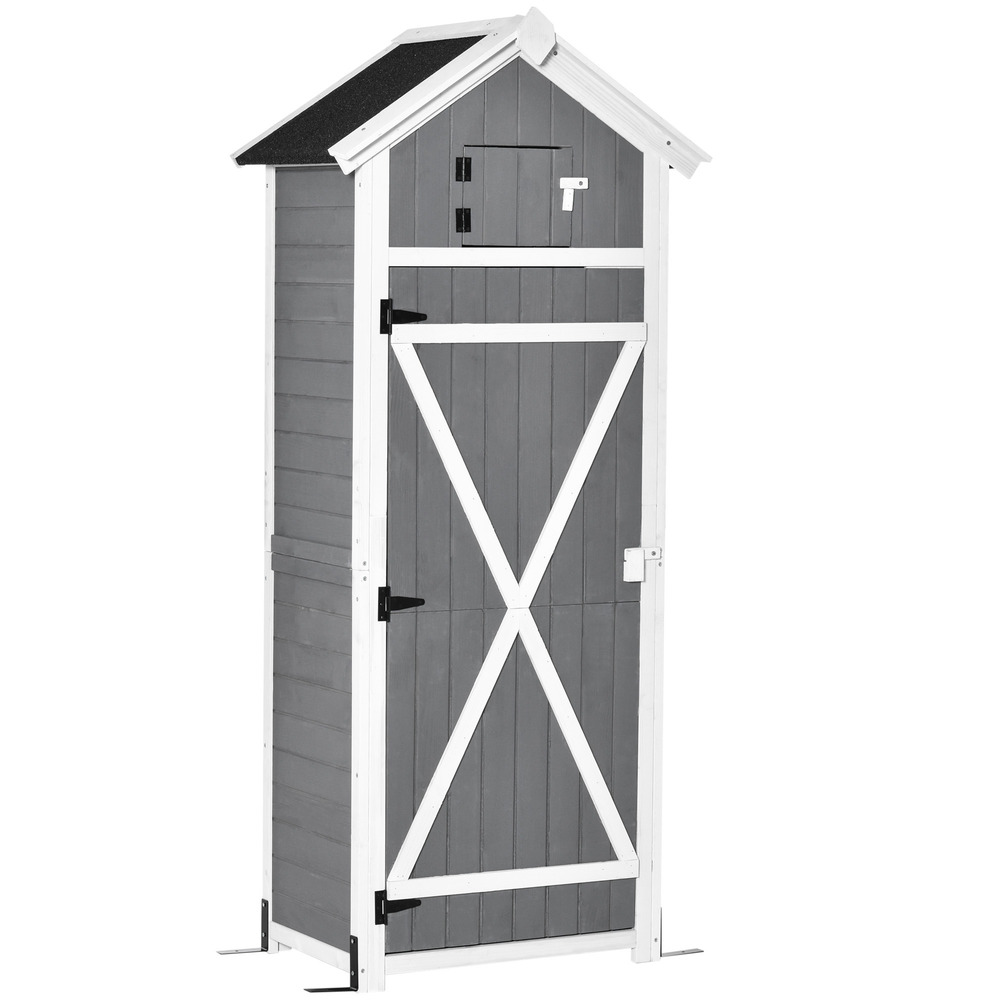 Armoire abri de jardin remise pour outils 4 étagères 9 crochets 2 porte loquets toit pente bitumé sapin gris blanc