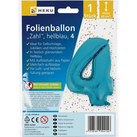 HEKU Folienballon Zahl 4, hellblau, mit Aufblashalm, Höhe 80cm
