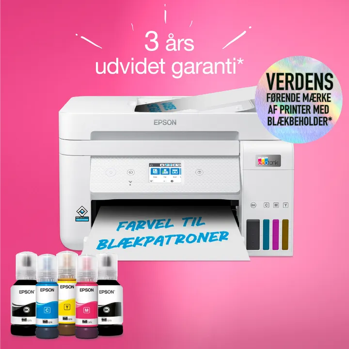 Epson EcoTank ET-4856 - Multifunktionsprinter - farve - blækprinter - kan genopfyldes - A4 (medie) - op til 15.5 spm (udskriver) - 250 ark - 33.6 Kbps - USB, LAN, Wi-Fi - hvid