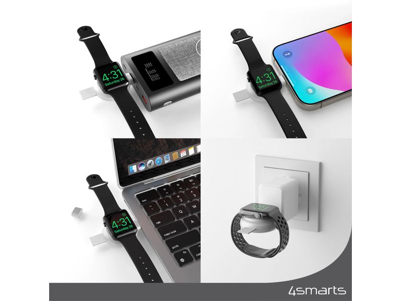 4smarts Ladekabel Apple Watch Charger QI2.0 Silber MFi-Schnellladegerät für Apple Watch