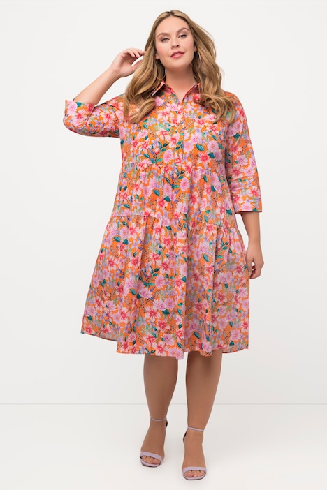 Hemdblusenkleid, Blüten, A-Linie, Hemdkragen, 3/4-Arm