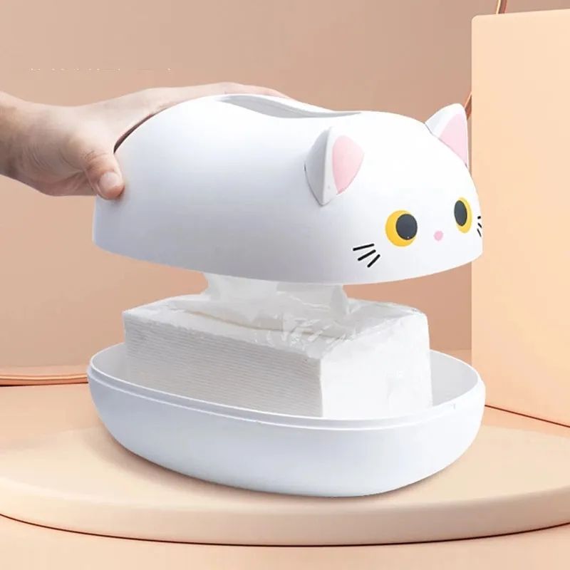 (22x13cm) Katzen Taschentuch Spender Nastuch Dispenser Kosmetik Tuch Aufbewahrungs Box inkl. Zahnstocherspender - Weiss