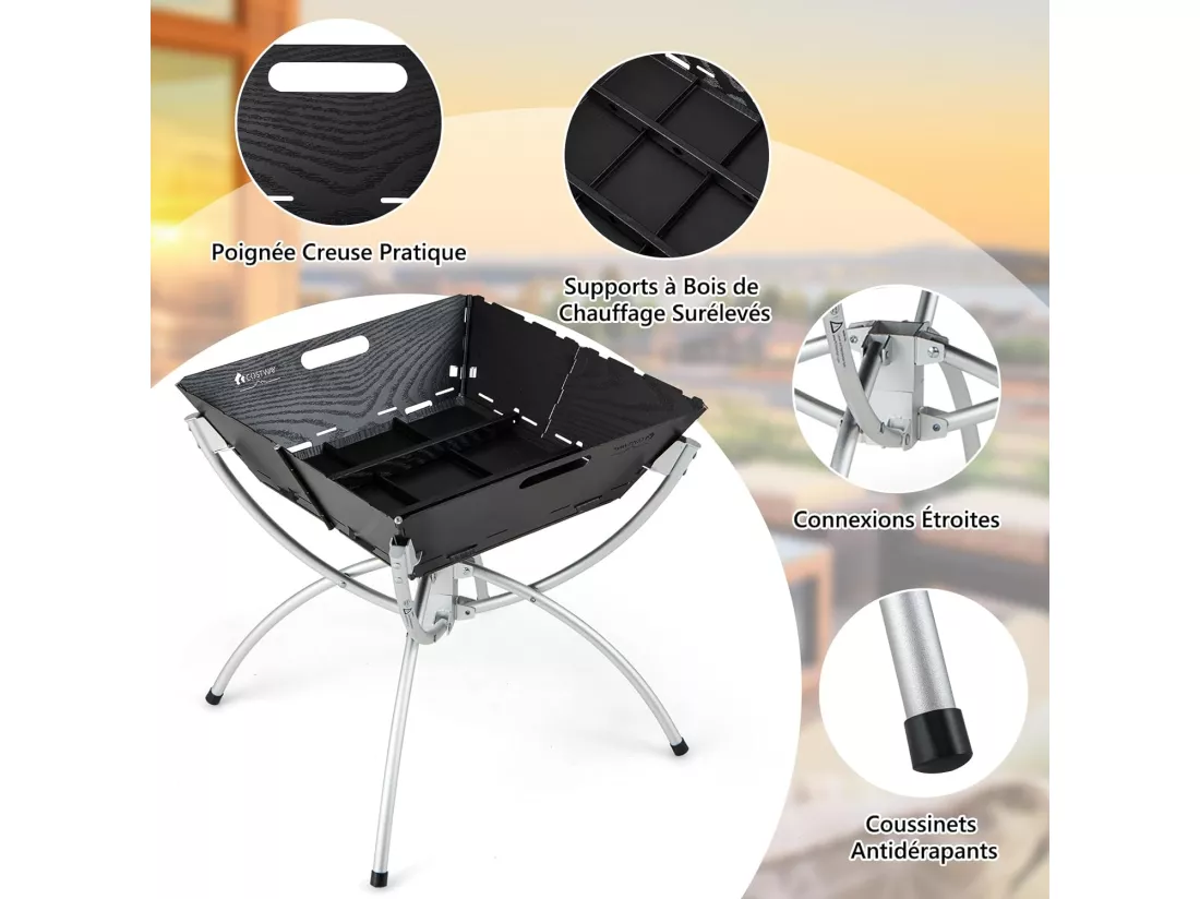 Brasero Extérieur Pliable au Charbon de Bois, Foyer Portable 3 en 1 Grilles en Acier Métalydable avec Sac de Transport et Gants, pour CamBoisg Arrière-Cour Patio, Noir