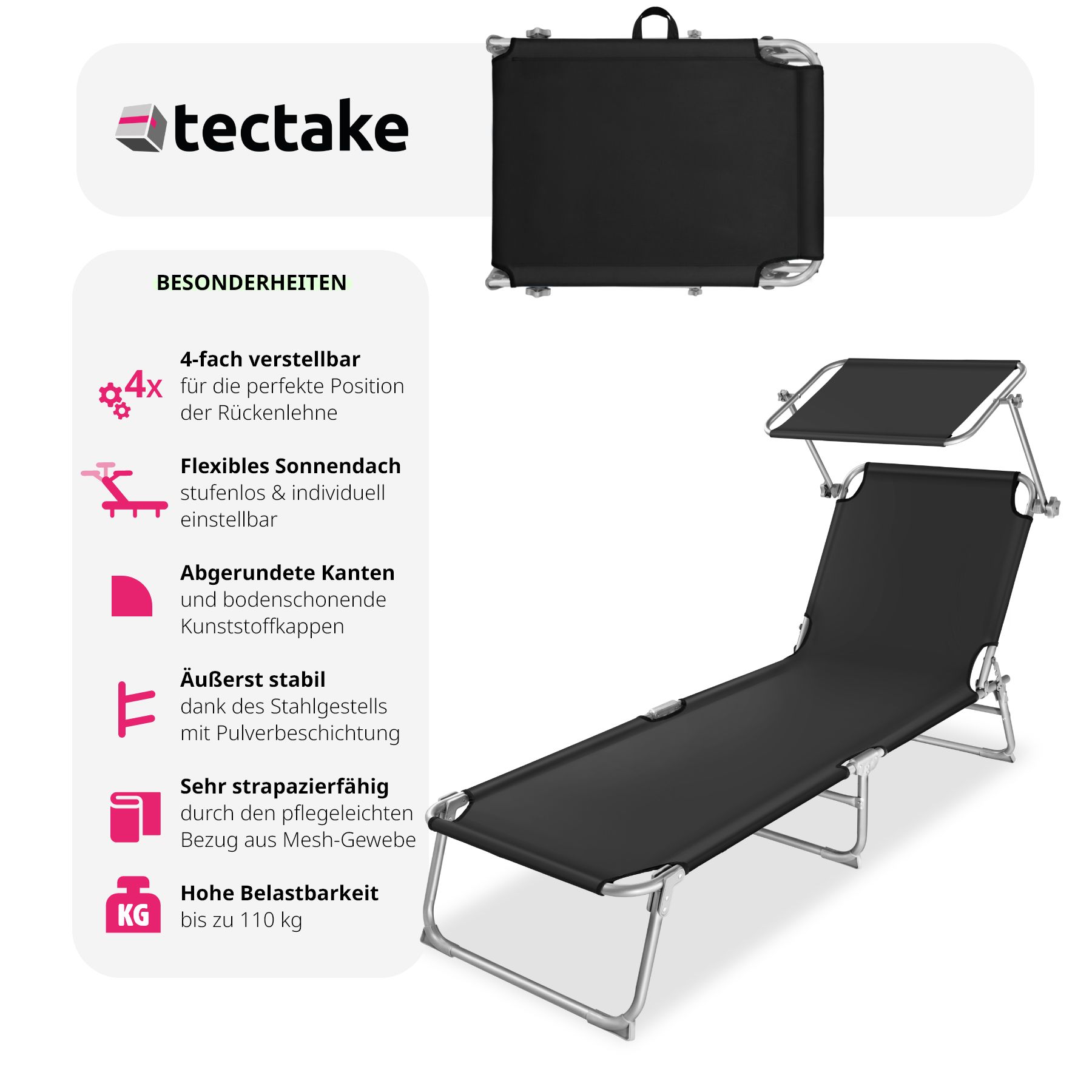 tectake® 2er Set Gartenliege, klappbar, 4-fach verstellbare Rückenlehne, 190 x 68 x 28 cm
