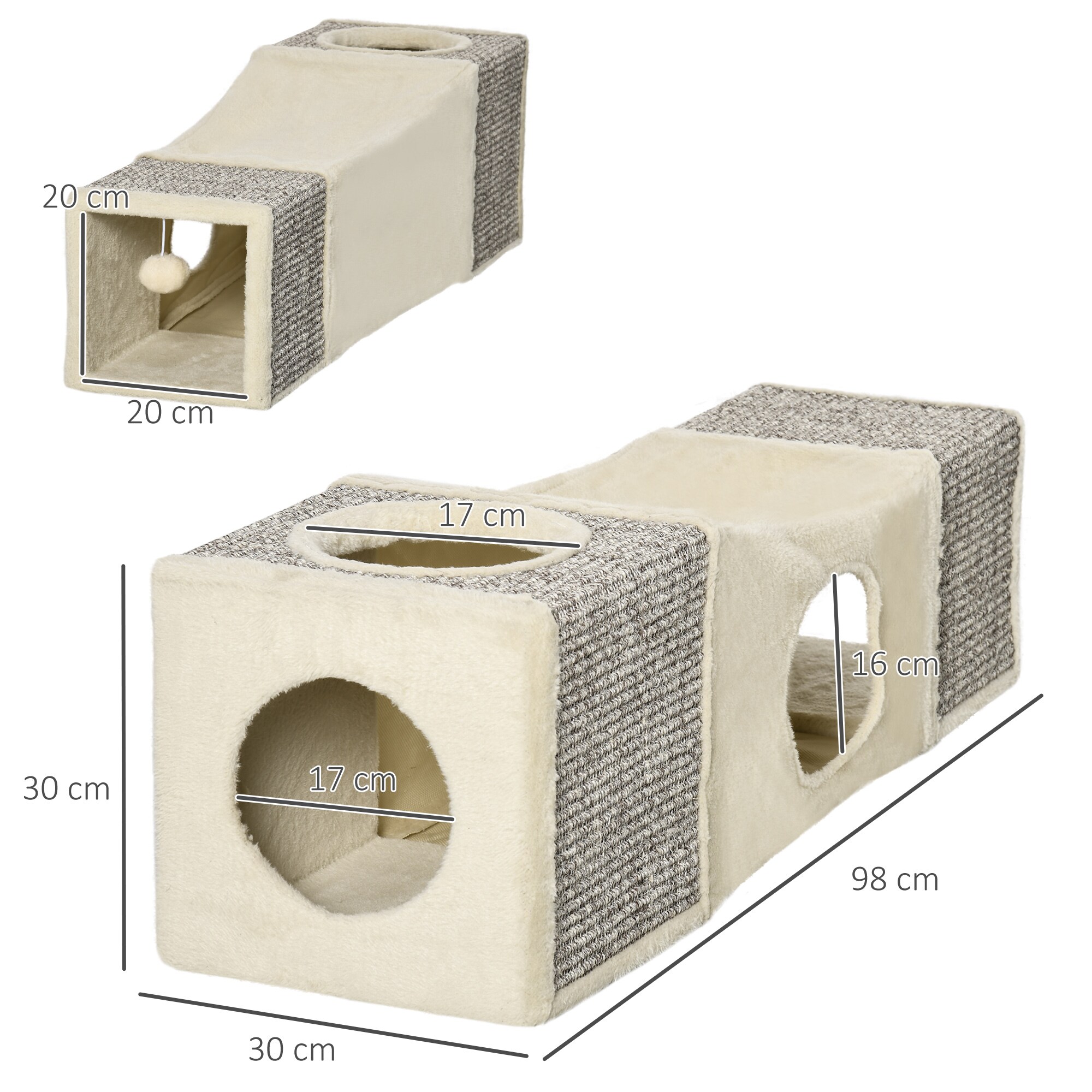 PawHut Katzentunnel mit Spielball grau, natur 98L x 30B x 30H cm