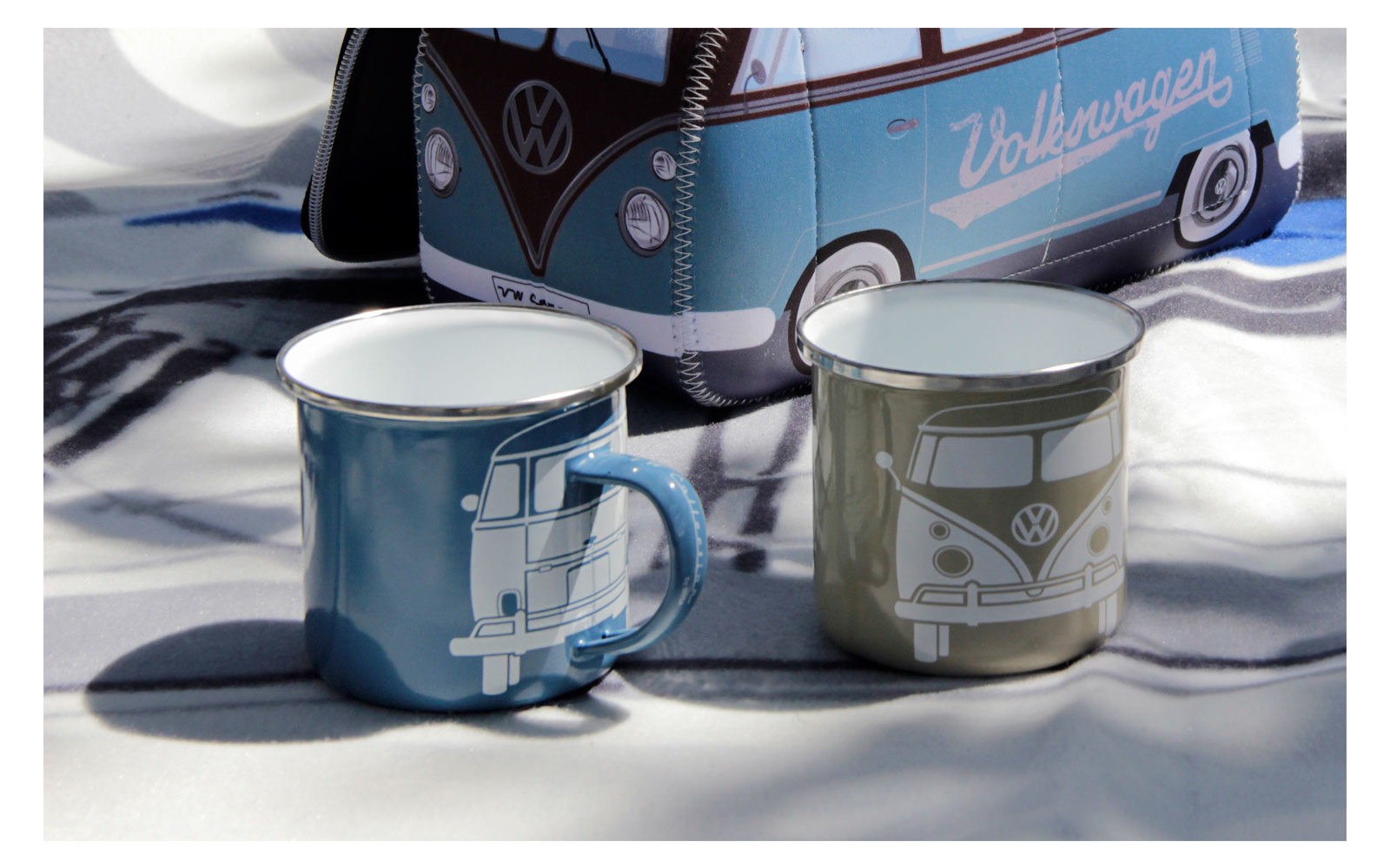 VW Collection T1 Bus Emaille Tassen Set 2 Stück 350 ml Blau / Grau