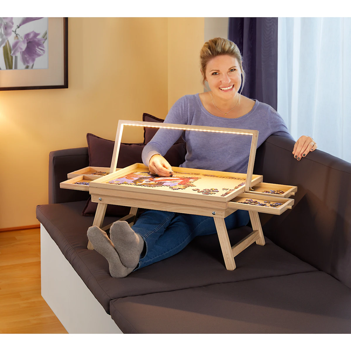 genialo - Puzzletisch mit Spielbrett-Deckel   LED-Licht - für 500 Teile