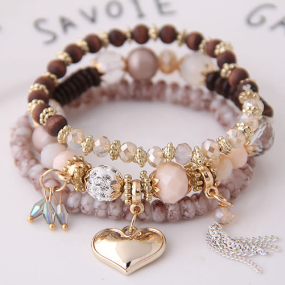 (3er Set) Mehrreihiges Damen Armband mit Gold Elementen - Beige / Braun