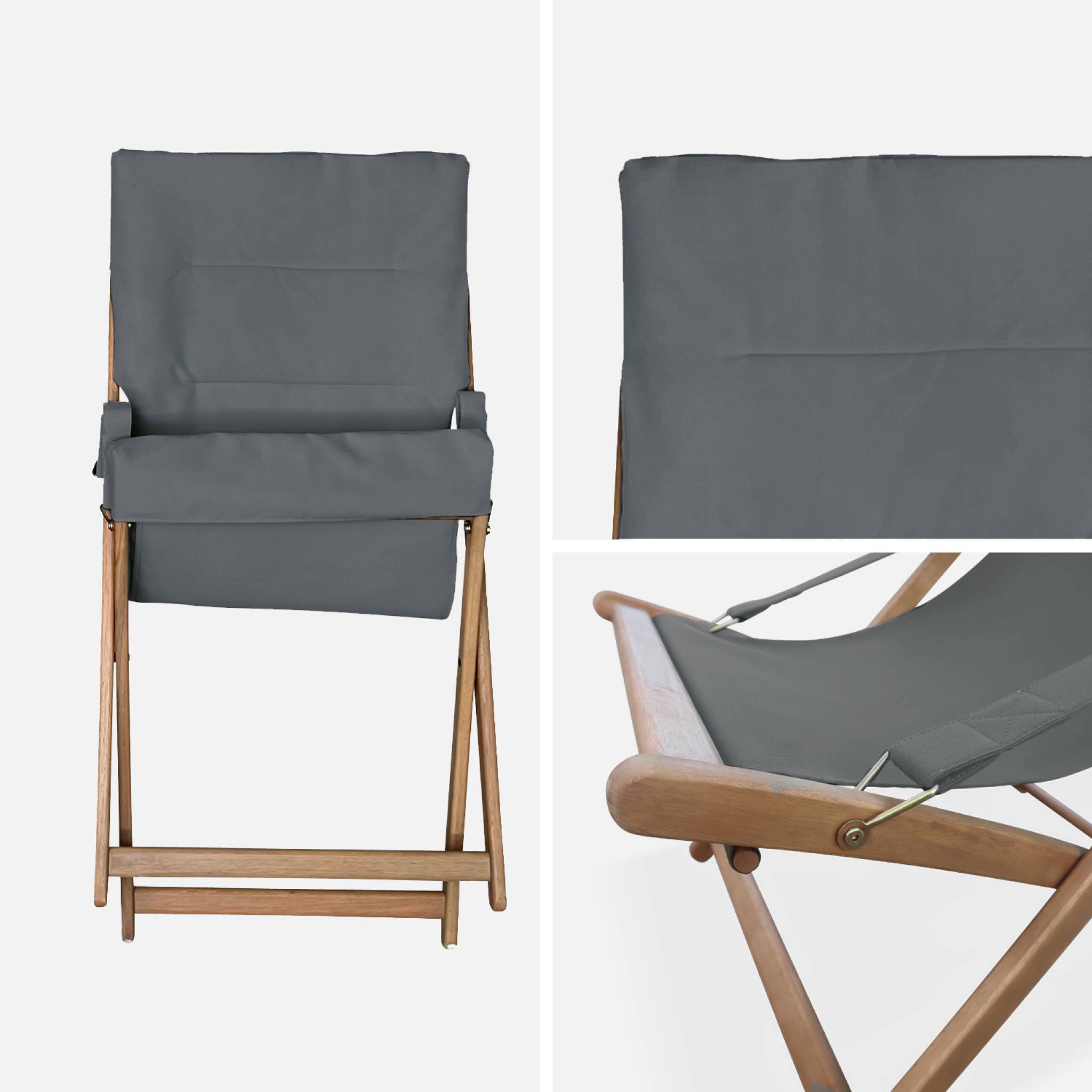 Lot de 2 chiliennes grises en bois. Pliables. Assise rembourrée