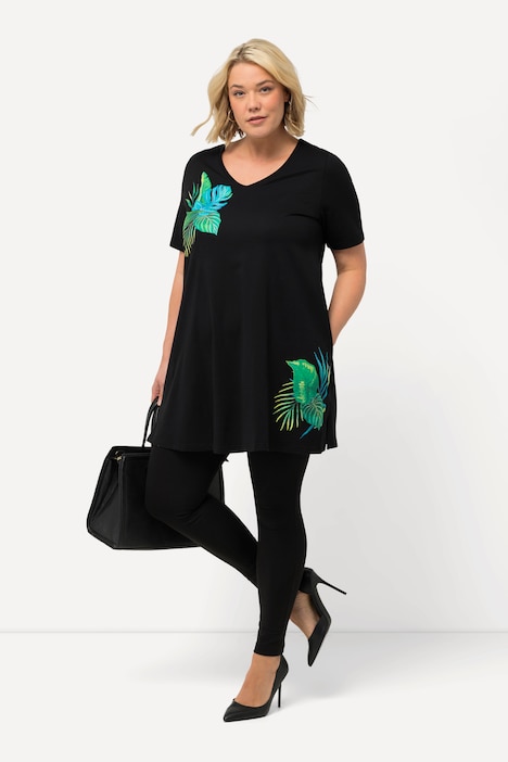 Longshirt, Blätter, A-Linie, V-Ausschnitt, Halbarm