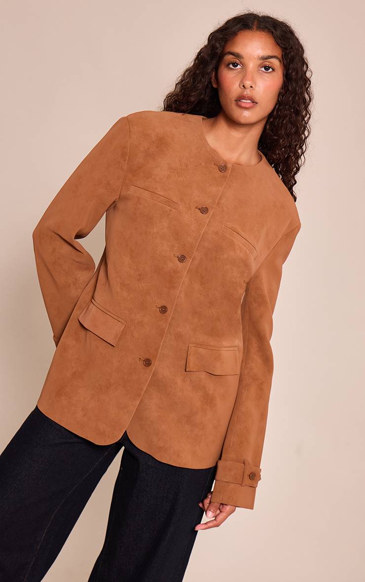 Marron Veste En Synthétique Sans Col Avec Détails Boutonnés