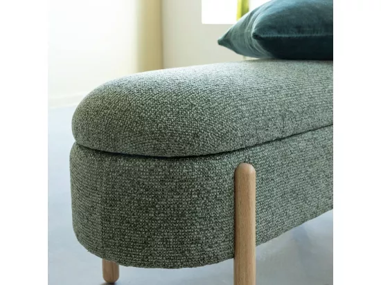 Banc en bois de pin et tissu bouclette vert Calya