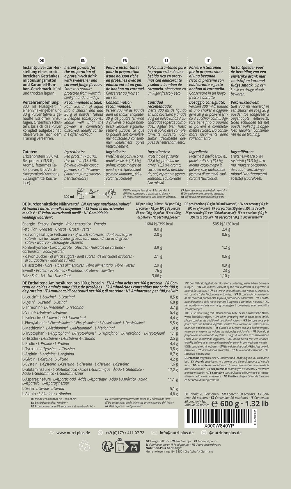 Nutri+ Proteinpulver Erbse Reis -  Lean Vhey