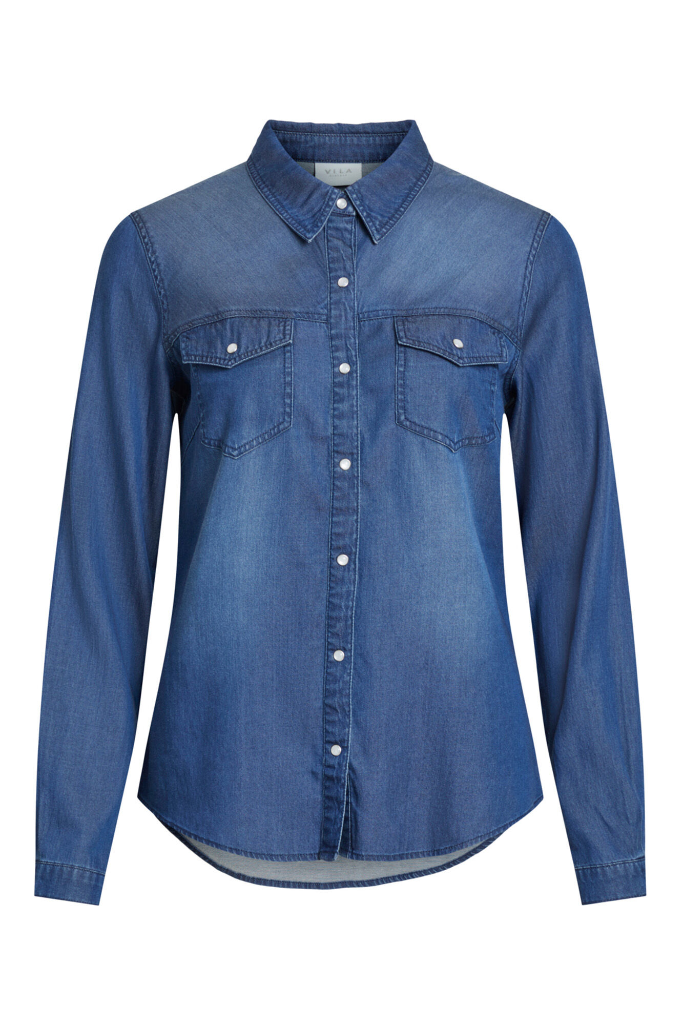 Camisa jeans feminina de manga comprida com bolsos - Azul