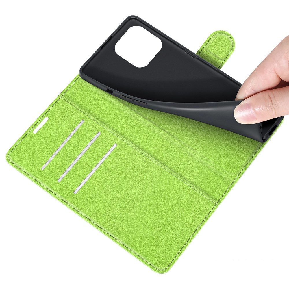 iPhone 13 Pro Leder Tasche Flip Cover Litchi Look - Grün