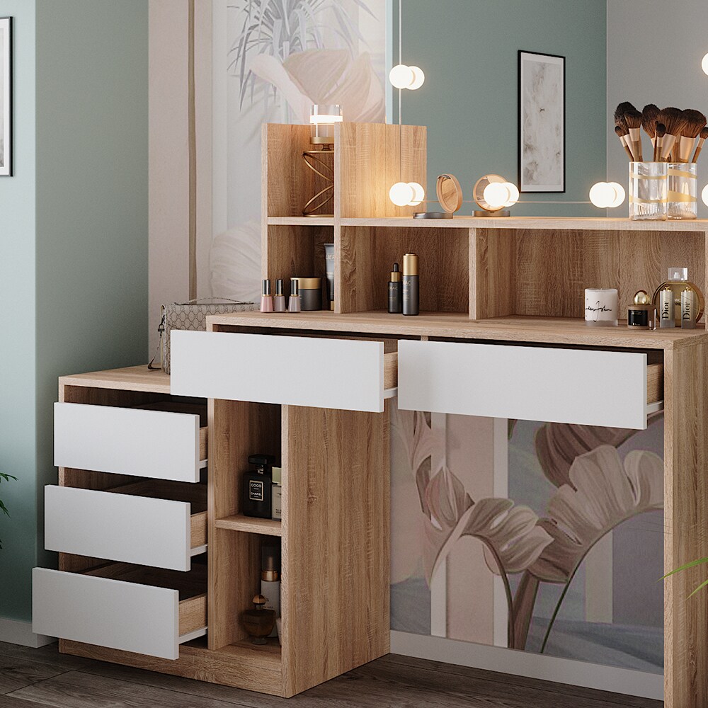 Vicco Schminktisch Anja 139,8 x 115 cm Sonoma Weiß Spiegel LED Frisiertisch