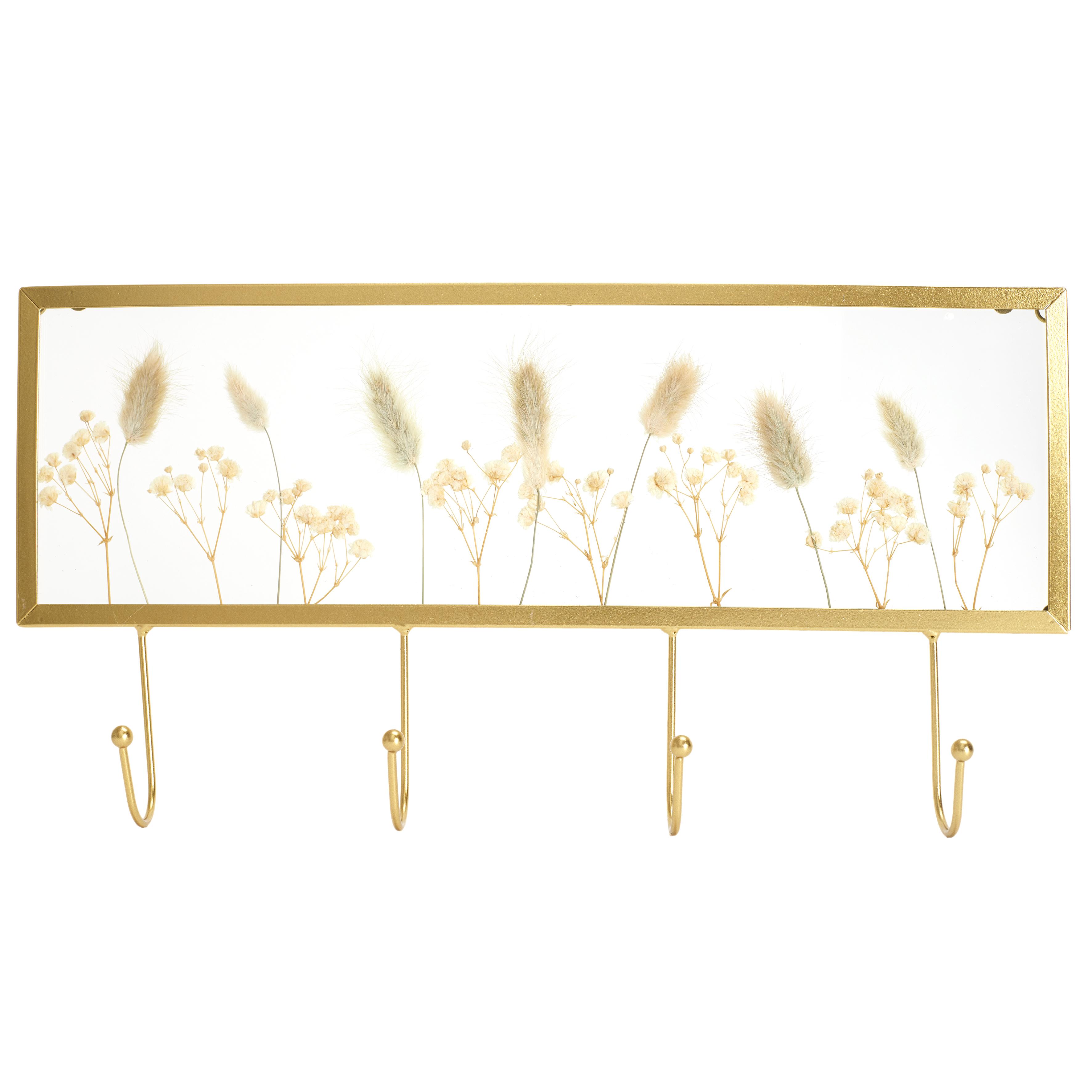 PORTE MANTEAUX MURAL METAL DORE FLEURS SECHEES