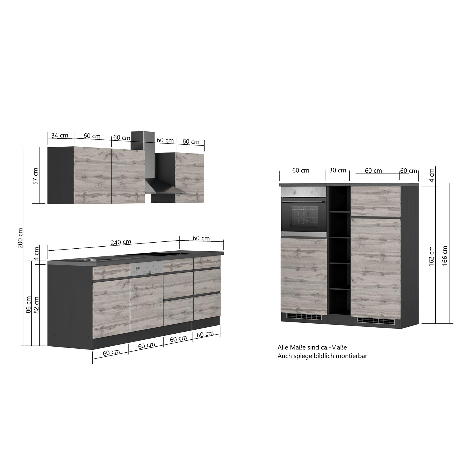 Küchenblock TURIN - matt grau-Wotan Eiche - mit E-Geräten - 390 cm