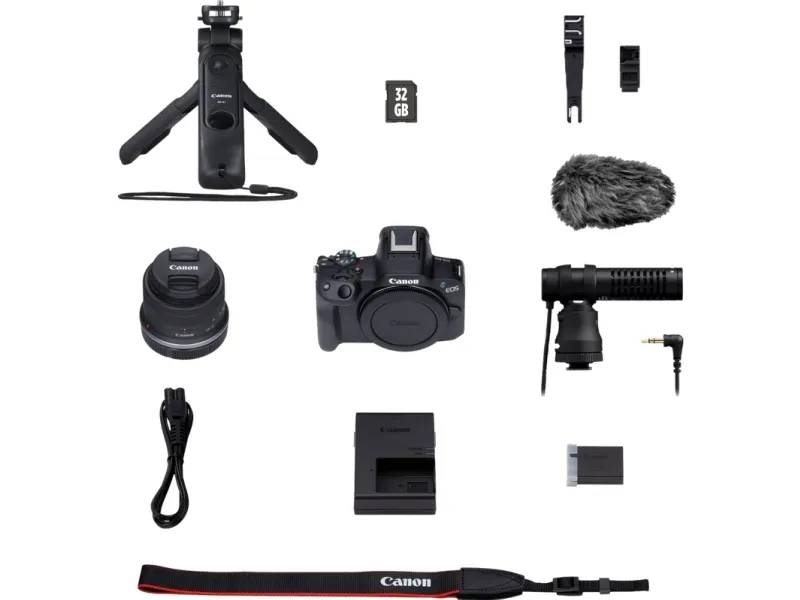 Canon EOS R50 - Content Creator Kit - digitalkamera - spejlløst - 24.2 MP - APS-C - 4K / 30 fps - 2.5x optisk zoom RF-S 18-45 mm F4.5-6.3 IS STM objektiv - Wi-Fi, Bluetooth - sort