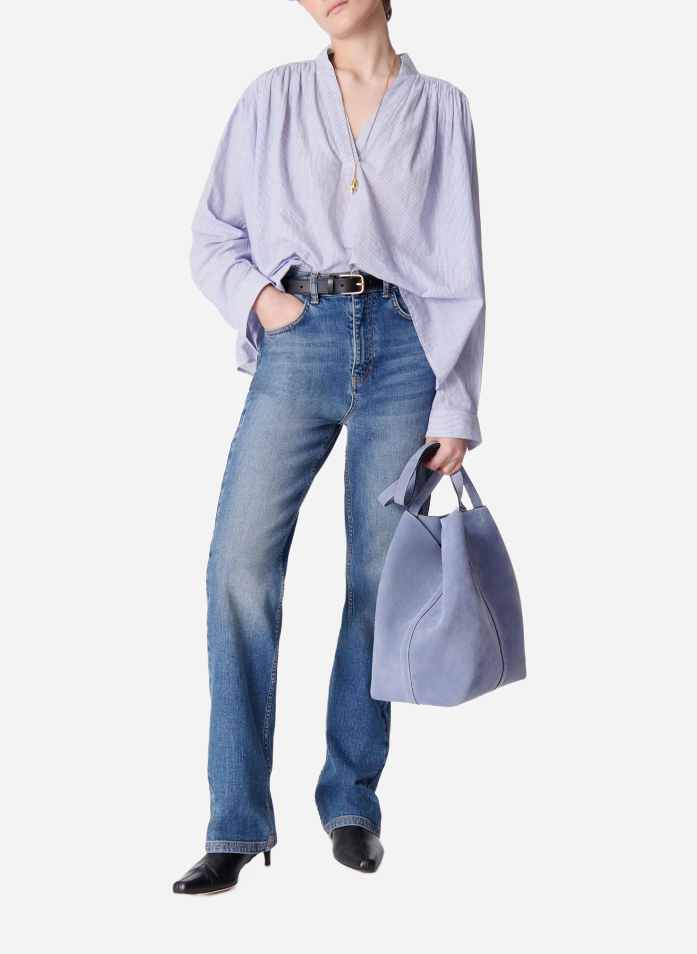 CALVIN - Blouse ample à col v en coton | Bleu